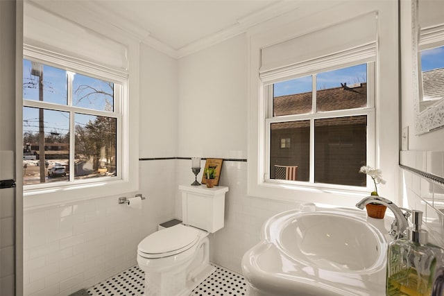 half bath featuring ornamental molding, a wealth of natural light, a sink, and toilet