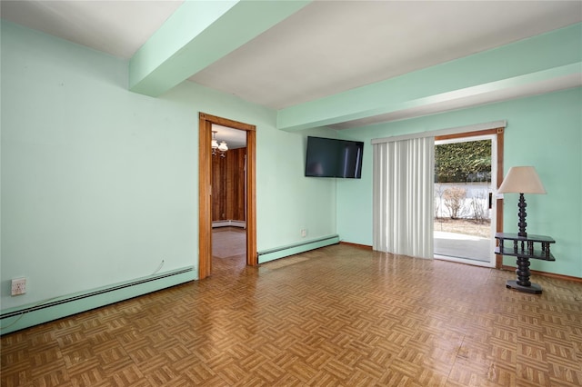 spare room with a baseboard radiator, beamed ceiling, and baseboards