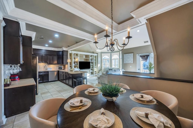 dining room with light tile patterned floors, recessed lighting, visible vents, an inviting chandelier, and ornamental molding