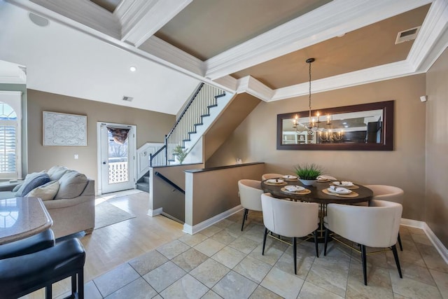 dining area featuring beam ceiling, crown molding, visible vents, a chandelier, and stairs