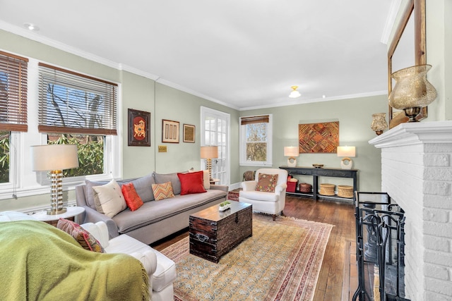 living room featuring hardwood / wood-style floors, a fireplace, and crown molding