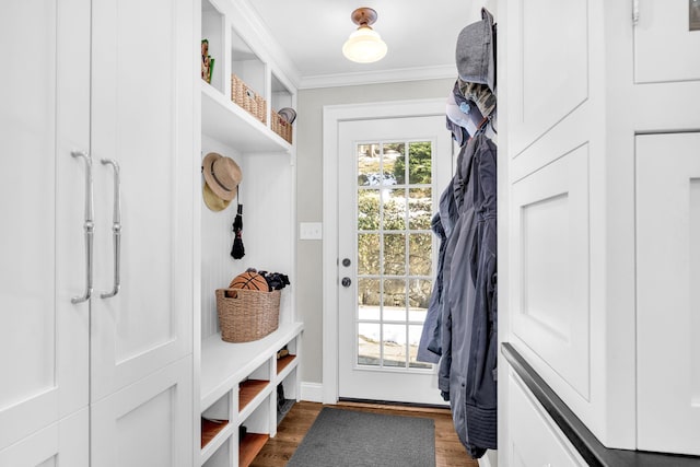 mudroom with dark wood-style floors and ornamental molding