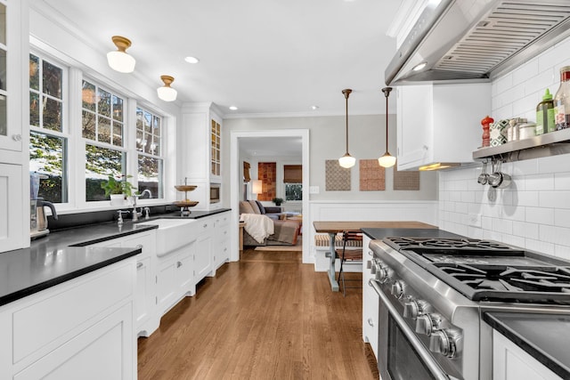 kitchen with dark countertops, extractor fan, high end stainless steel range oven, and white cabinetry