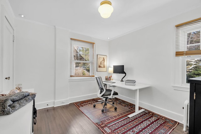 office space with a healthy amount of sunlight, crown molding, and hardwood / wood-style flooring