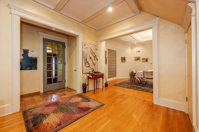 hall featuring coffered ceiling, wood finished floors, beam ceiling, and baseboards