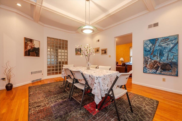 dining area with visible vents, baseboards, coffered ceiling, radiator heating unit, and wood finished floors