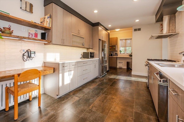 kitchen with stainless steel appliances, a sink, visible vents, light countertops, and open shelves