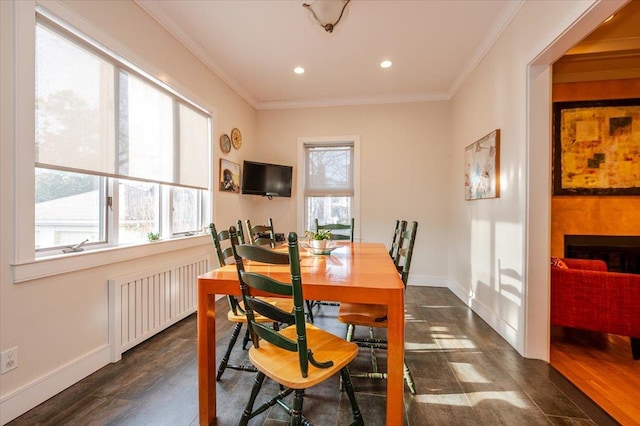 dining room featuring dark wood-style flooring, crown molding, and radiator heating unit