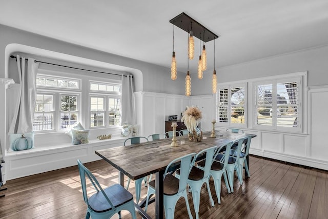 dining room featuring a healthy amount of sunlight, dark wood finished floors, and a decorative wall