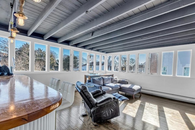 sunroom / solarium with wooden ceiling, plenty of natural light, a baseboard radiator, and beamed ceiling