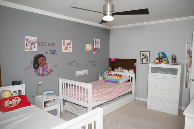 bedroom with light carpet, ceiling fan, ornamental molding, and baseboards