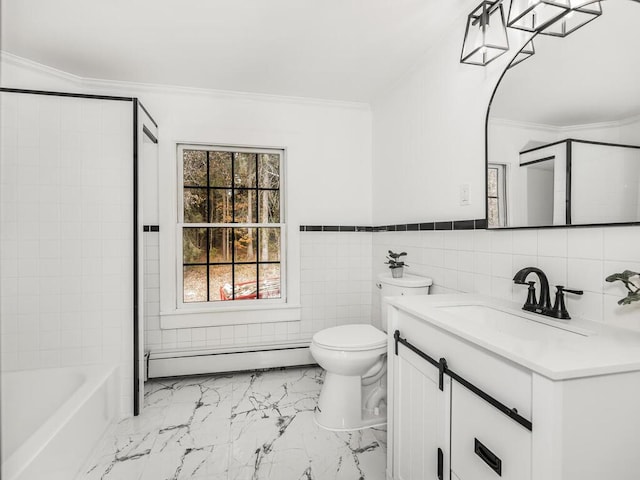 full bath featuring a baseboard radiator, toilet, vanity, marble finish floor, and crown molding