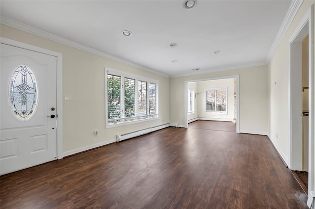 entrance foyer with dark wood-style floors, a baseboard radiator, baseboards, and crown molding