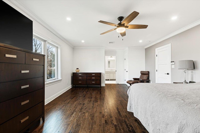 bedroom with visible vents, crown molding, baseboards, recessed lighting, and wood finished floors