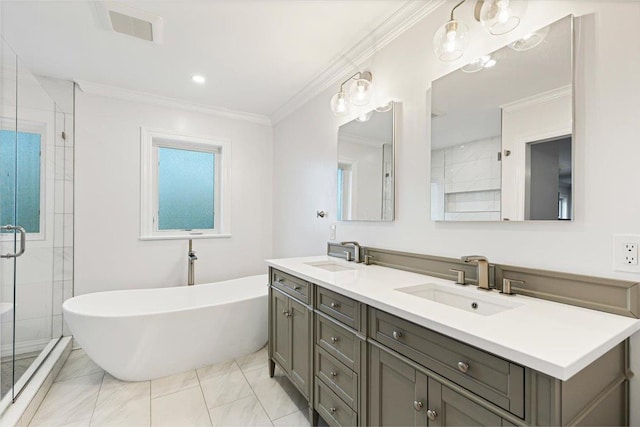 full bath with visible vents, ornamental molding, a stall shower, and a sink