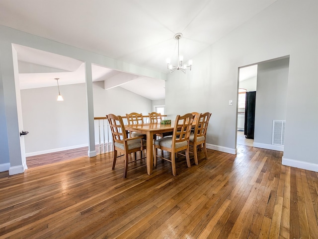 dining space with lofted ceiling with beams, dark wood-style floors, baseboards, and visible vents