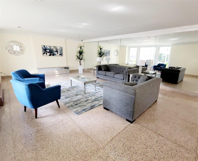 living room featuring light speckled floor