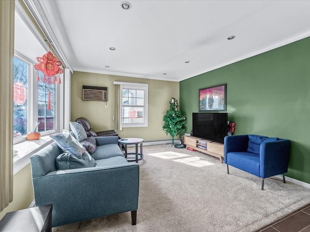 living area with recessed lighting, a wall mounted AC, crown molding, and baseboards