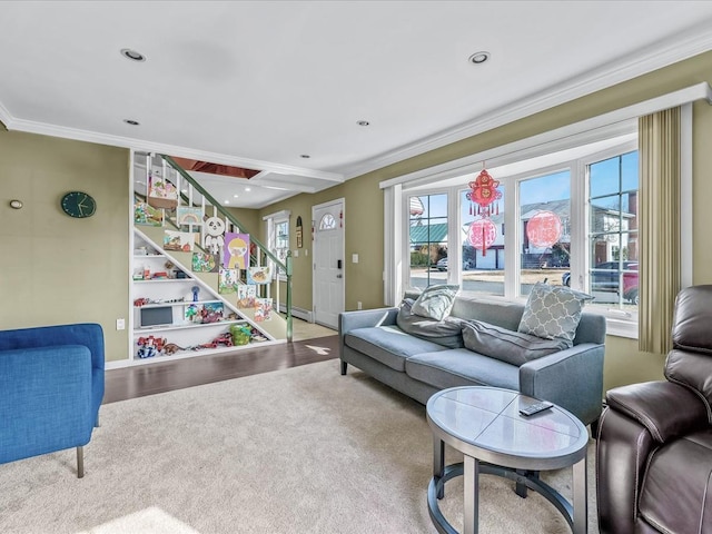 living room with recessed lighting, stairway, crown molding, and baseboards