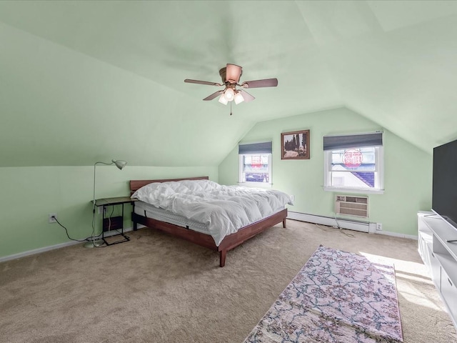 carpeted bedroom featuring a baseboard heating unit, baseboards, a wall mounted AC, and lofted ceiling