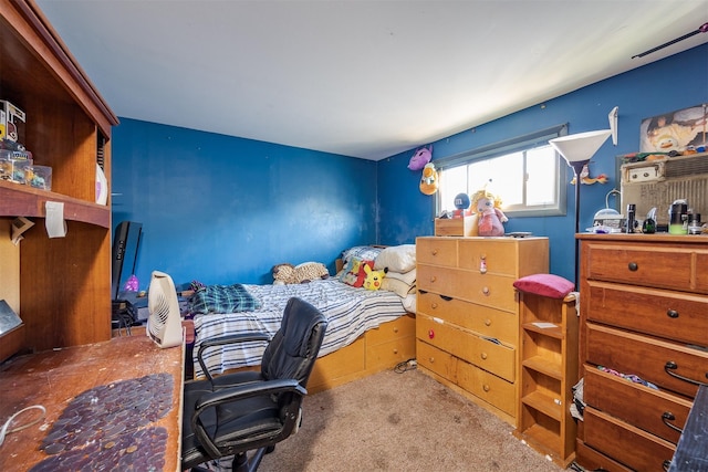 bedroom featuring light colored carpet