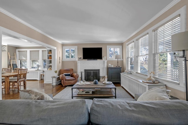 living room featuring a brick fireplace, radiator heating unit, ornamental molding, and wood finished floors