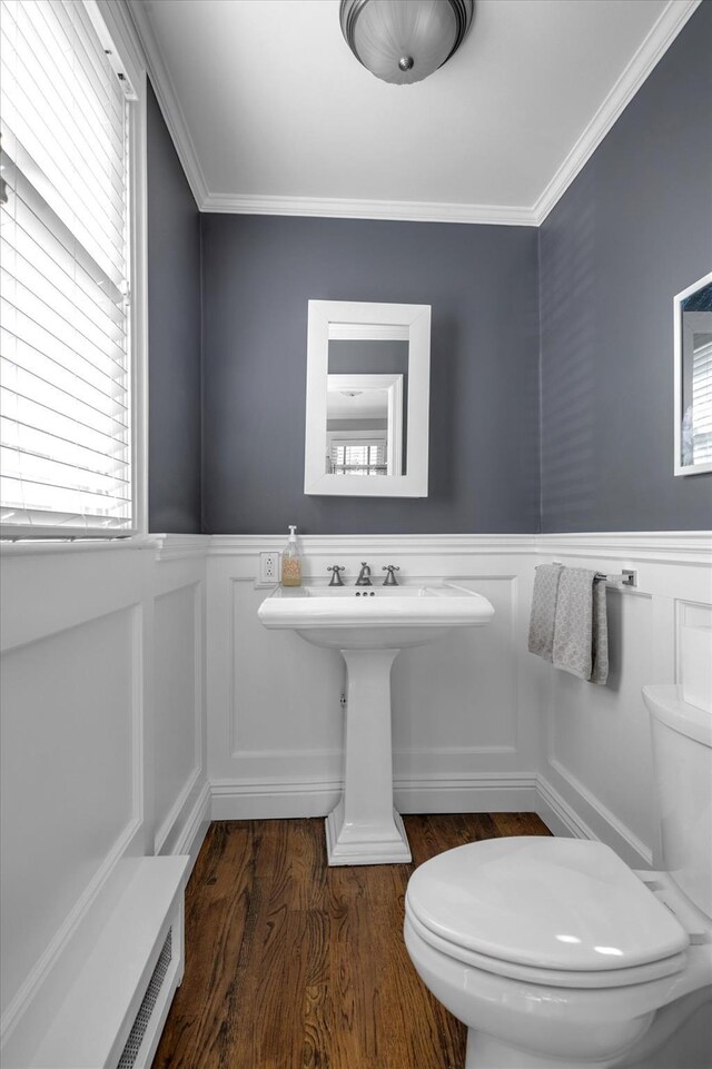 half bath with toilet, a sink, wood finished floors, ornamental molding, and wainscoting