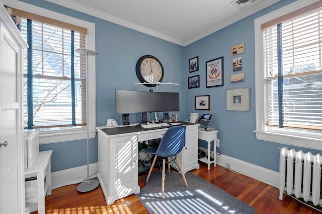 office with crown molding, dark wood finished floors, visible vents, radiator heating unit, and baseboards