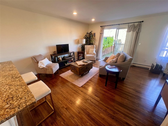 living room with ornamental molding, dark wood-style flooring, baseboard heating, and recessed lighting