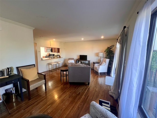 living area with dark wood finished floors and recessed lighting