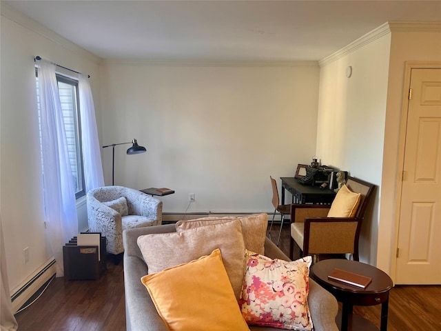 living area featuring crown molding, a baseboard heating unit, baseboard heating, and wood finished floors