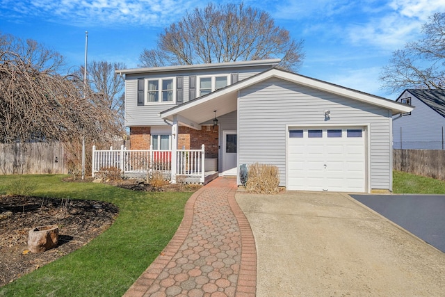 view of front of house featuring aphalt driveway, brick siding, a porch, fence, and a garage