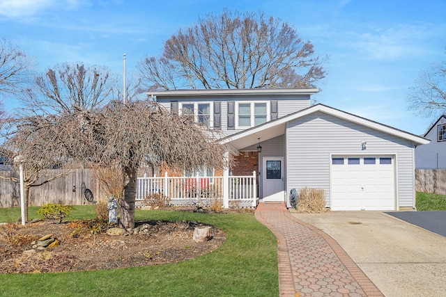 view of front of property featuring a porch, aphalt driveway, an attached garage, fence, and a front lawn