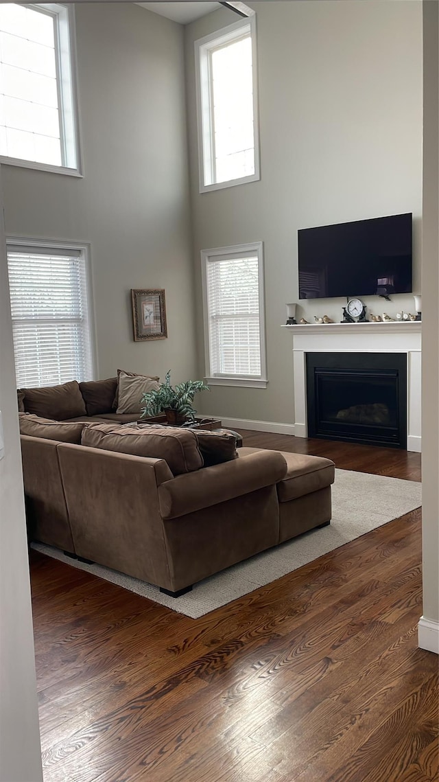 living room with a towering ceiling, a fireplace, baseboards, and wood finished floors