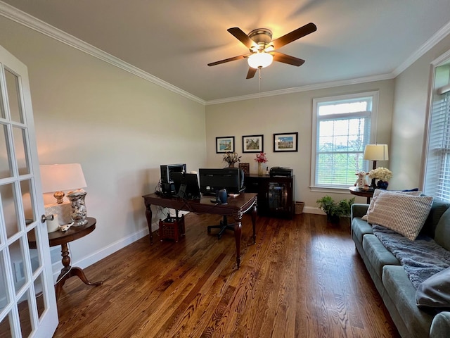 office featuring crown molding, baseboards, and wood finished floors