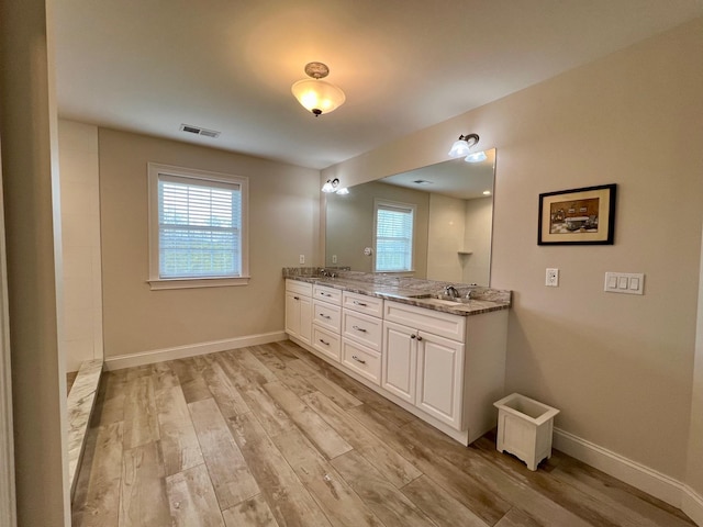 bathroom with wood finished floors, visible vents, baseboards, a wealth of natural light, and double vanity