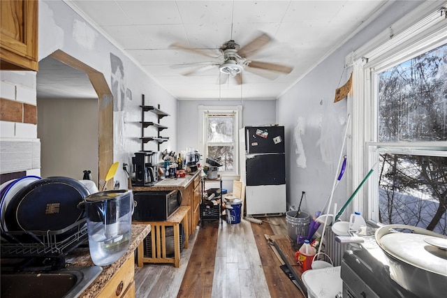 interior space with hardwood / wood-style flooring, crown molding, arched walkways, and a wealth of natural light