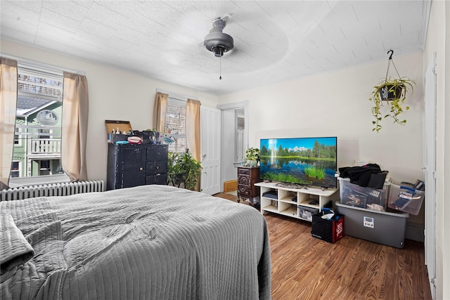 bedroom featuring ceiling fan, multiple windows, wood finished floors, and radiator