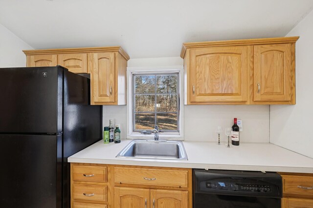 kitchen featuring light countertops, a sink, and black appliances