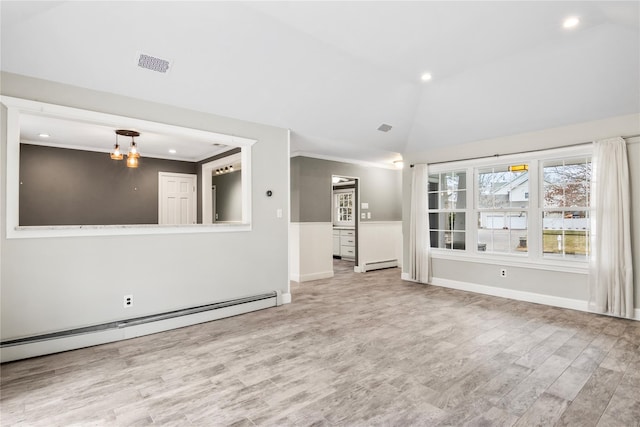 unfurnished living room featuring lofted ceiling, a baseboard radiator, visible vents, a baseboard heating unit, and wood finished floors