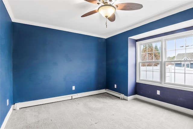 empty room with baseboards, a ceiling fan, crown molding, carpet flooring, and a baseboard heating unit