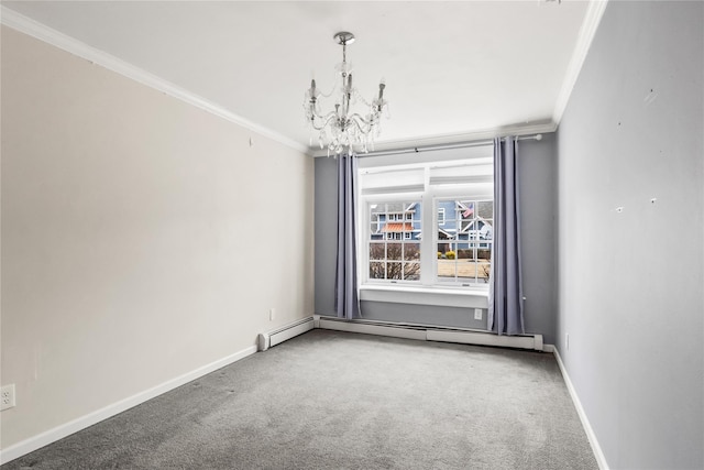 carpeted empty room with baseboards, ornamental molding, a baseboard radiator, and a notable chandelier