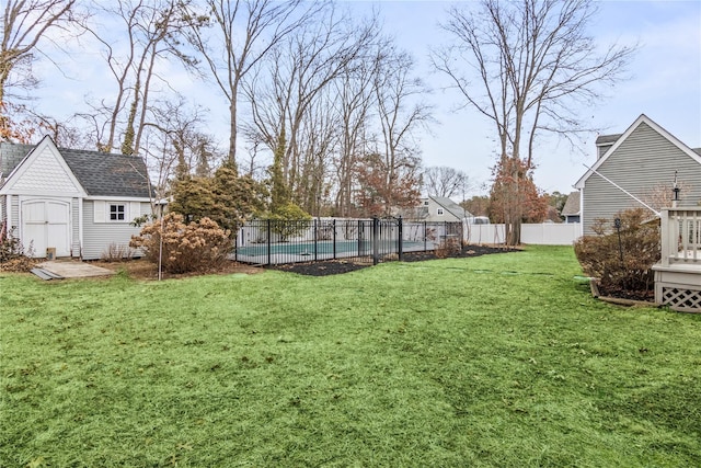 view of yard featuring an outdoor structure, fence, and a fenced in pool