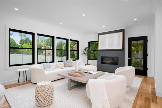 12 Fairway Ave, Rye, NY 10580 - living area with a glass covered fireplace, wood finished floors, ornamental molding, recessed lighting, and baseboards