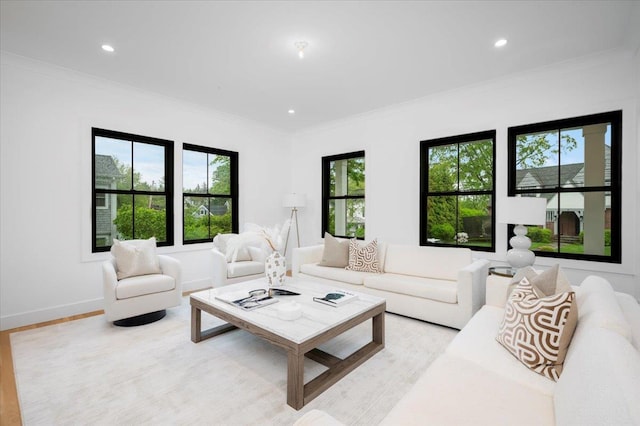12 Fairway Ave, Rye, NY 10580 - living room featuring healthy amount of natural light, crown molding, recessed lighting, light wood finished floors, and baseboards