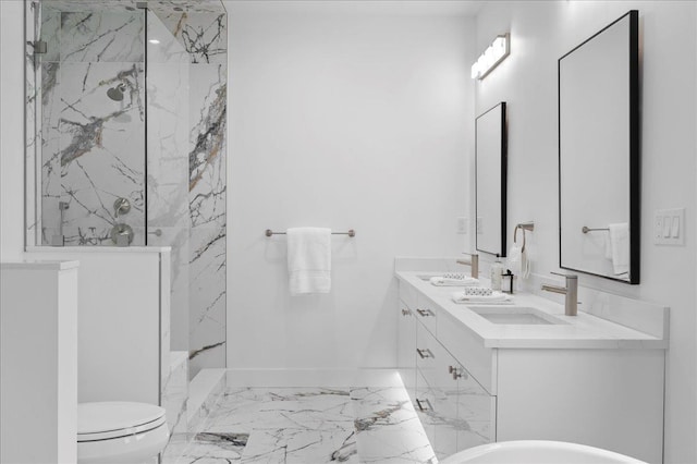 12 Fairway Ave, Rye, NY 10580 - bathroom with marble tiled floors, a marble finish shower, double vanity, toilet, and baseboards