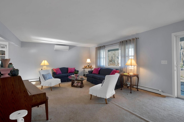 living room featuring a baseboard heating unit, an AC wall unit, carpet flooring, and baseboards