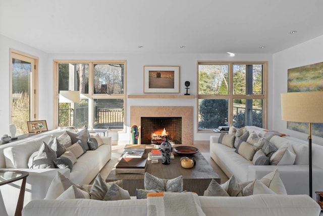 living room with recessed lighting and a premium fireplace