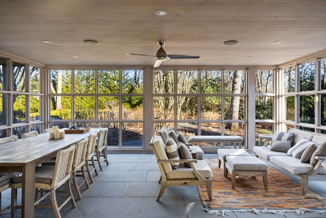 sunroom / solarium with wood ceiling and a ceiling fan