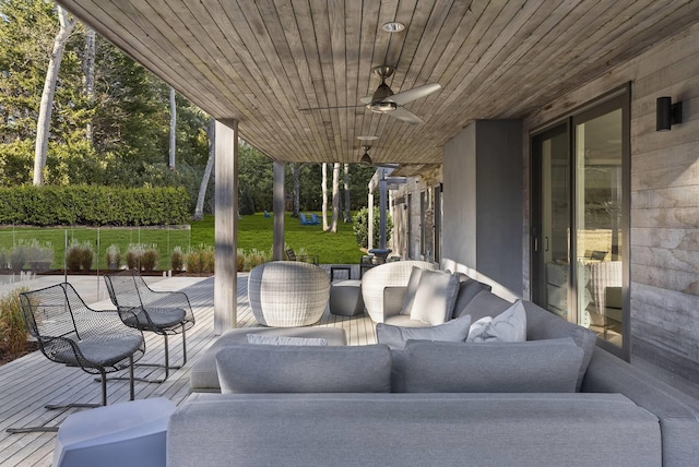 view of patio with ceiling fan and an outdoor hangout area